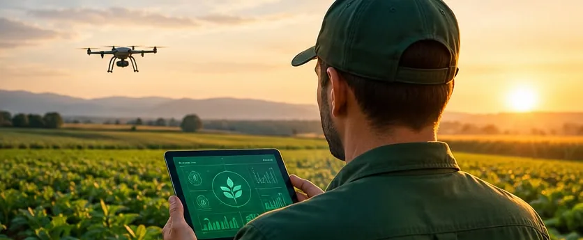 Tablet ile tarlayı izleyen çiftçi ve drone